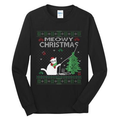 Funny Meowy Christmas Cats Xmas Cute Cat Lover Ugly Sweater Tall Long Sleeve T-Shirt