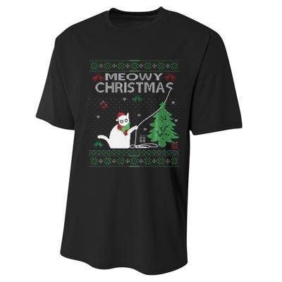 Funny Meowy Christmas Cats Xmas Cute Cat Lover Ugly Sweater Performance Sprint T-Shirt