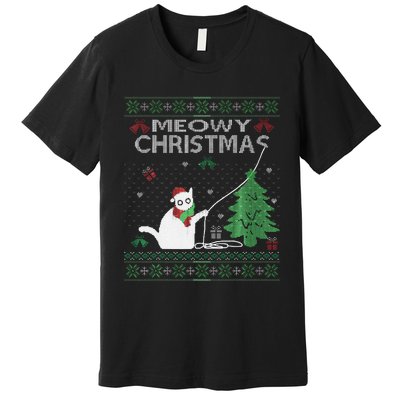 Funny Meowy Christmas Cats Xmas Cute Cat Lover Ugly Sweater Premium T-Shirt