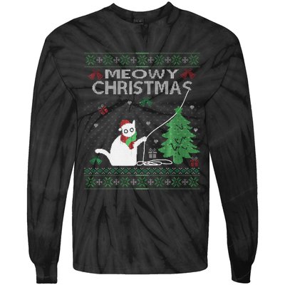 Funny Meowy Christmas Cats Xmas Cute Cat Lover Ugly Sweater Tie-Dye Long Sleeve Shirt