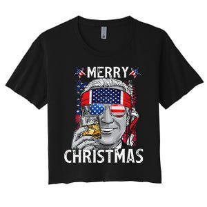 Funny Merry Christmas Joe Biden 4th Of July US American Flag Women's Crop Top Tee