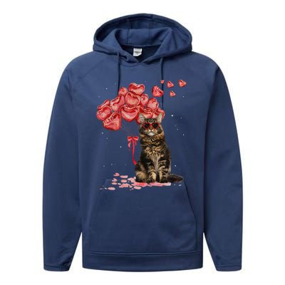 Funny Maine Coon Heart Valentines Day Cat Dad Mom Gift Performance Fleece Hoodie