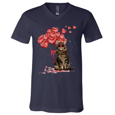 Funny Maine Coon Heart Valentines Day Cat Dad Mom Gift V-Neck T-Shirt