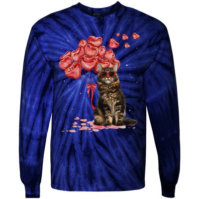 Funny Maine Coon Heart Valentines Day Cat Dad Mom Gift Tie-Dye Long Sleeve Shirt