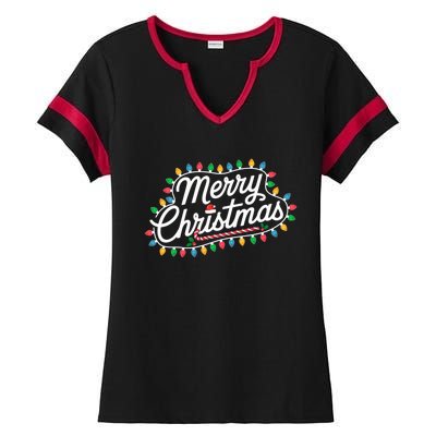 Funny Merry Christmas Lights Xmas Family Ladies Halftime Notch Neck Tee