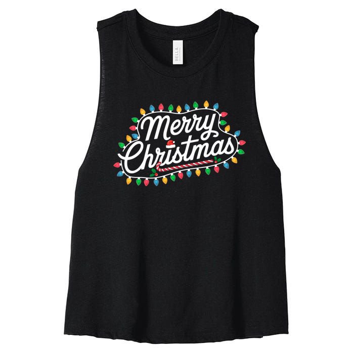 Funny Merry Christmas Lights Xmas Family Women's Racerback Cropped Tank