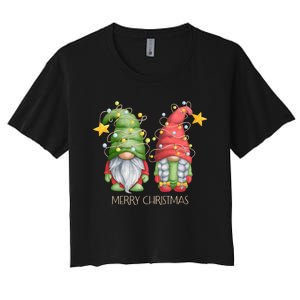 Funny Merry Christmas Gnomes Holiday Long Sleeve Women's Crop Top Tee