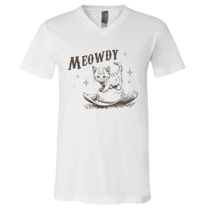 Funny Meowdy Cute Kitten Cat Country Western Vintage V-Neck T-Shirt