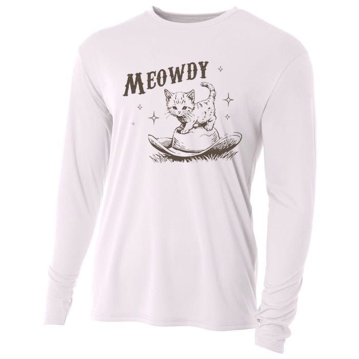 Funny Meowdy Cute Kitten Cat Country Western Vintage Cooling Performance Long Sleeve Crew