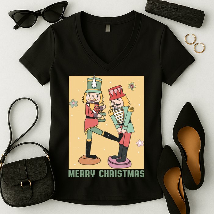 Funny Merry Christmas Nut Cracker Getting Nut Cracked Women's V-Neck T-Shirt