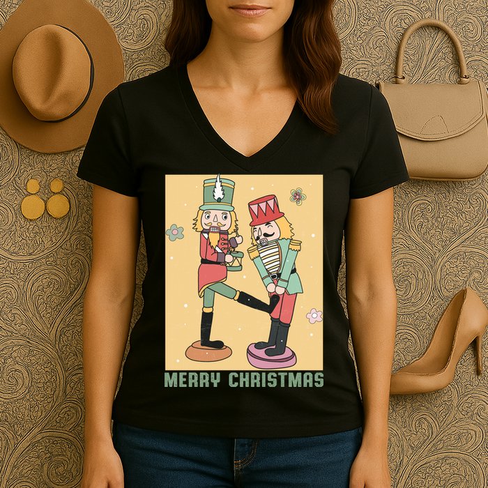 Funny Merry Christmas Nut Cracker Getting Nut Cracked Women's V-Neck T-Shirt