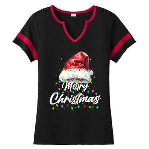 Festive Merry Christmas Santa Hat Christmas Lights Ladies Halftime Notch Neck Tee