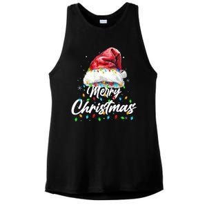 Festive Merry Christmas Santa Hat Christmas Lights Ladies PosiCharge Tri-Blend Wicking Tank