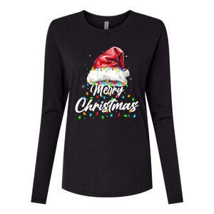 Festive Merry Christmas Santa Hat Christmas Lights Womens Cotton Relaxed Long Sleeve T-Shirt