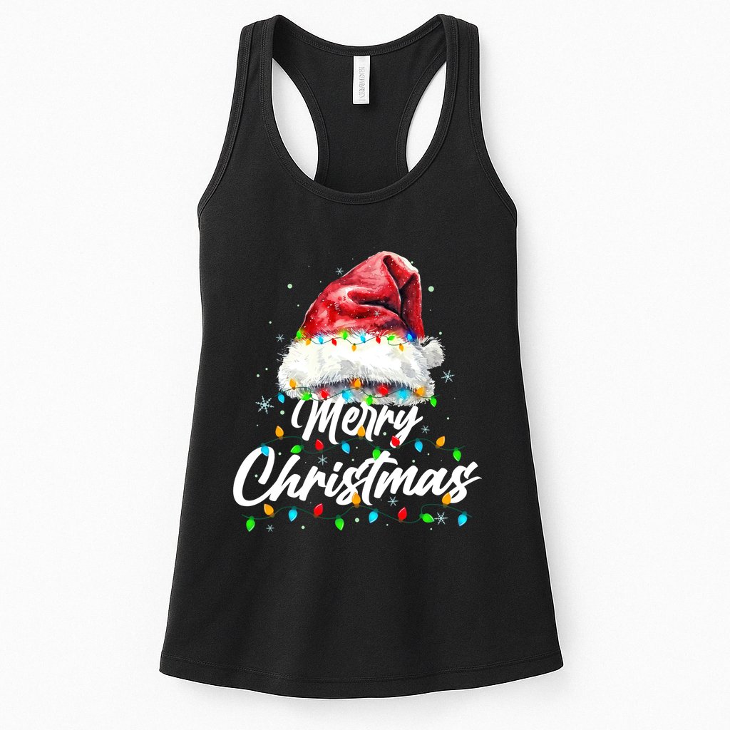 Festive Merry Christmas Santa Hat Christmas Lights Womens Tank Top