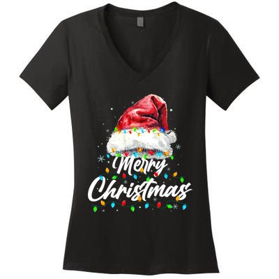 Festive Merry Christmas Santa Hat Christmas Lights Women's V-Neck T-Shirt