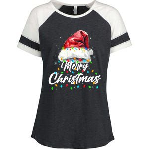 Festive Merry Christmas Santa Hat Christmas Lights Enza Ladies Jersey Colorblock Tee