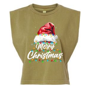 Festive Merry Christmas Santa Hat Christmas Lights Garment-Dyed Women's Muscle Tee