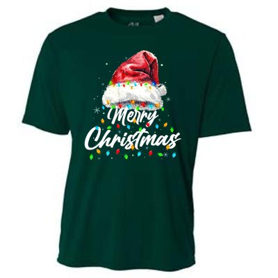 Festive Merry Christmas Santa Hat Christmas Lights Cooling Performance Crew T-Shirt