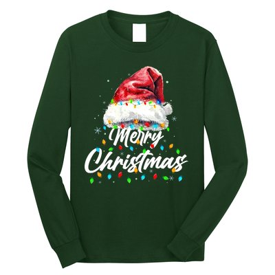 Festive Merry Christmas Santa Hat Christmas Lights Long Sleeve Shirt