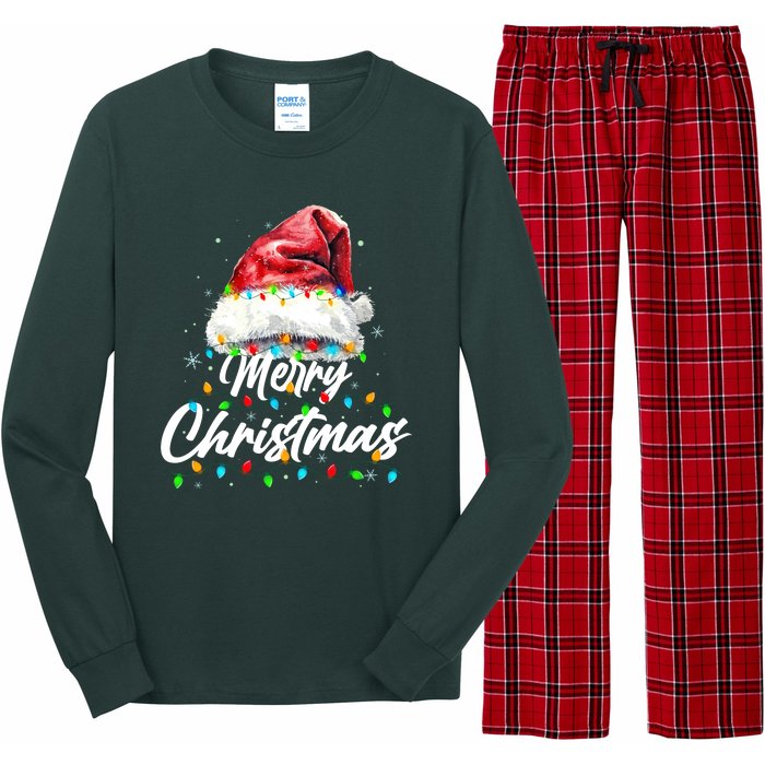 Festive Merry Christmas Santa Hat Christmas Lights Long Sleeve Pajama Set