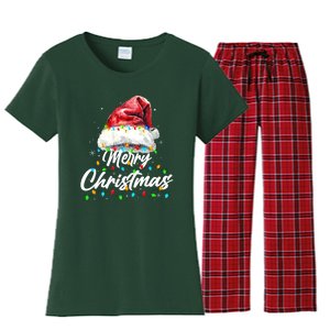 Festive Merry Christmas Santa Hat Christmas Lights Women's Flannel Pajama Set