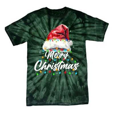 Festive Merry Christmas Santa Hat Christmas Lights Tie-Dye T-Shirt