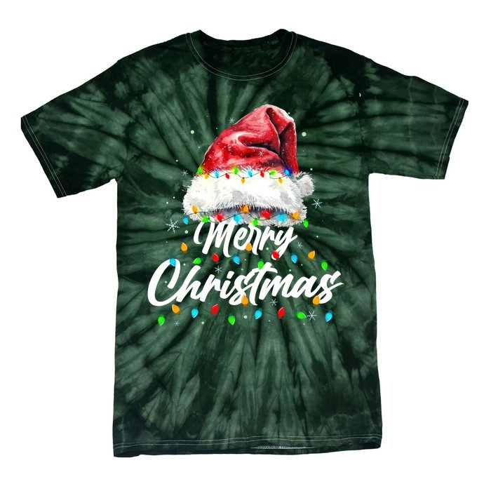 Festive Merry Christmas Santa Hat Christmas Lights Tie-Dye T-Shirt