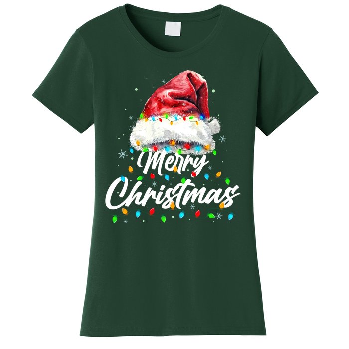 Festive Merry Christmas Santa Hat Christmas Lights Women's T-Shirt