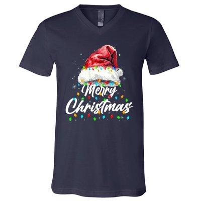 Festive Merry Christmas Santa Hat Christmas Lights V-Neck T-Shirt