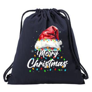 Festive Merry Christmas Santa Hat Christmas Lights Drawstring Bag