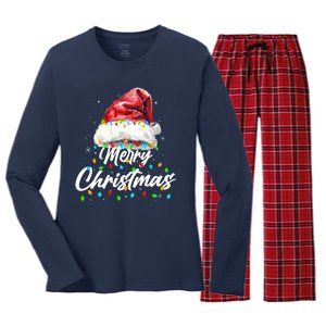 Festive Merry Christmas Santa Hat Christmas Lights Women's Long Sleeve Flannel Pajama Set 