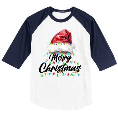 Festive Merry Christmas Santa Hat Christmas Lights Baseball Sleeve Shirt