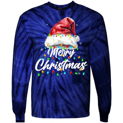 Festive Merry Christmas Santa Hat Christmas Lights Tie-Dye Long Sleeve Shirt