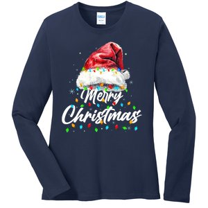 Festive Merry Christmas Santa Hat Christmas Lights Ladies Long Sleeve Shirt