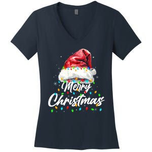 Festive Merry Christmas Santa Hat Christmas Lights Women's V-Neck T-Shirt