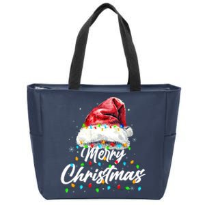 Festive Merry Christmas Santa Hat Christmas Lights Zip Tote Bag