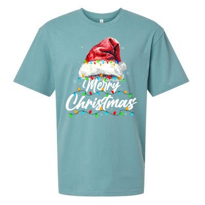 Festive Merry Christmas Santa Hat Christmas Lights Sueded Cloud Jersey T-Shirt