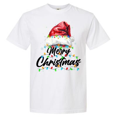 Festive Merry Christmas Santa Hat Christmas Lights Garment-Dyed Heavyweight T-Shirt