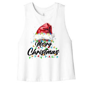 Festive Merry Christmas Santa Hat Christmas Lights Women's Racerback Cropped Tank