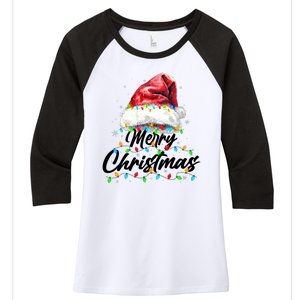 Festive Merry Christmas Santa Hat Christmas Lights Women's Tri-Blend 3/4-Sleeve Raglan Shirt