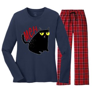 Funny Meh. Cat Meme For Cat Lovers Women's Long Sleeve Flannel Pajama Set 