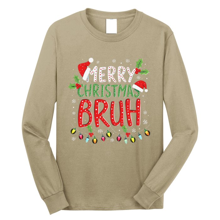 Funny Merry Christmas Bruh Xmas Lights Santa Hat Long Sleeve Shirt