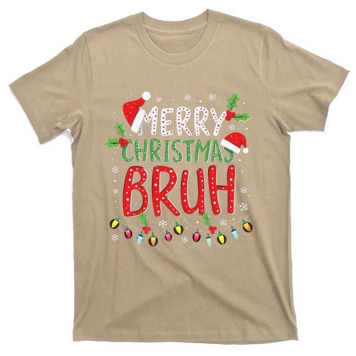 Funny Merry Christmas Bruh Xmas Lights Santa Hat T-Shirt