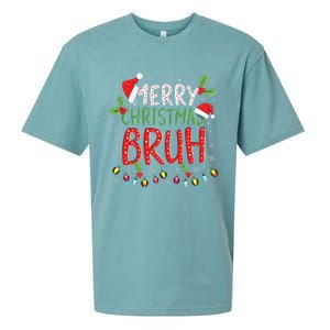 Funny Merry Christmas Bruh Xmas Lights Santa Hat Sueded Cloud Jersey T-Shirt