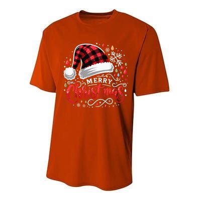 Funny Merry Christmas Funny Red Plaid Buffalo Santa Hat Performance Sprint T-Shirt