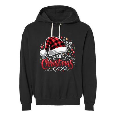 Funny Merry Christmas Funny Red Plaid Buffalo Santa Hat Garment-Dyed Fleece Hoodie