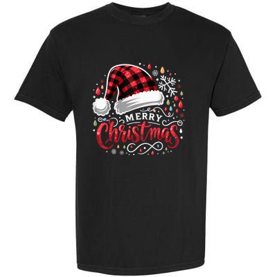 Funny Merry Christmas Funny Red Plaid Buffalo Santa Hat Garment-Dyed Heavyweight T-Shirt