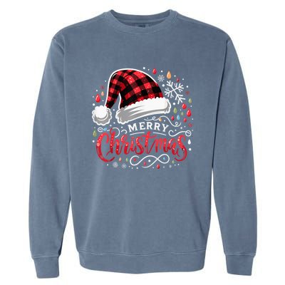 Funny Merry Christmas Funny Red Plaid Buffalo Santa Hat Garment-Dyed Sweatshirt