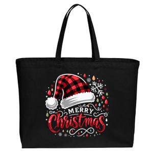 Funny Merry Christmas Funny Red Plaid Buffalo Santa Hat Cotton Canvas Jumbo Tote